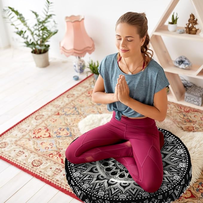 Mandala Meditation Cushion, Boho Meditation Mat, Meditation Pillows for Sitting on Floor, Cushions for Sitting in Home and Outdoor, Round Floor Pillows Cushion Seating for Yoga Accessories 22'' X 22''
