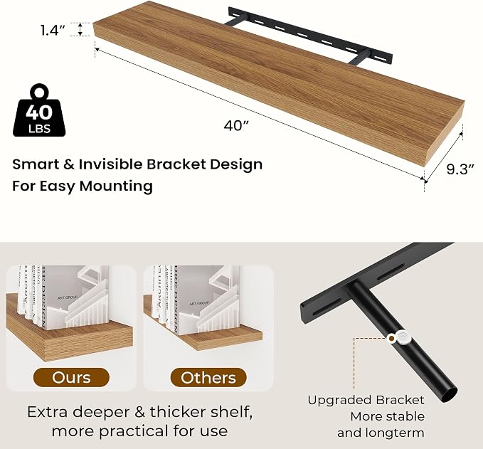 Dreamland 40Inch Walnut Floating Shelves 9.3" Deep Wall Mounted Set of 2 | Wall shelves for bathroom, bedroom, Living Room, kitchen, deep wall mount wood storage display for home decor 40" x 9.3"