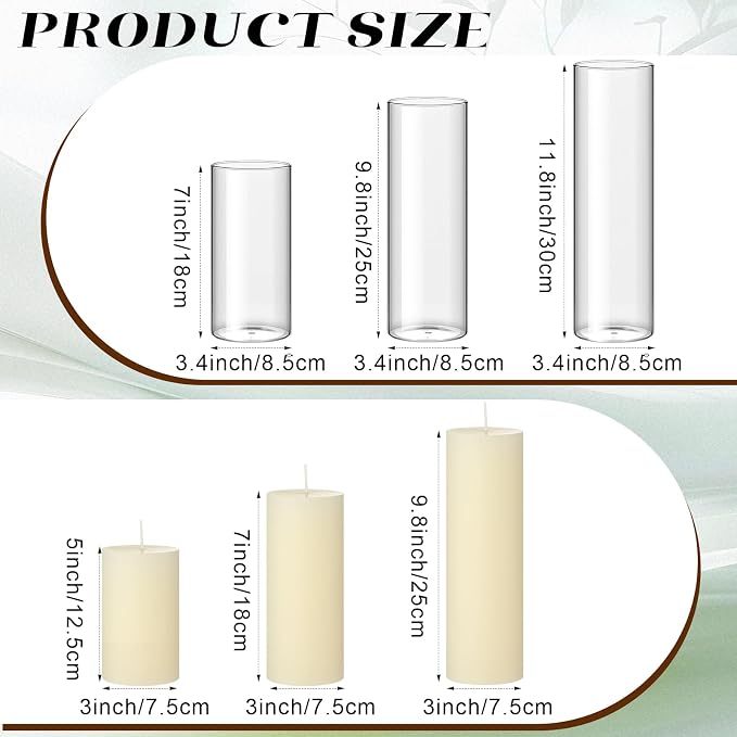 Shihanee Set of 3 Pillar Candles and 3 Glass Cylinder Candle Vases Holders Clear Pillar Jars for Wedding Centerpieces(3.4'' X 7", 9.8", 11.8",Ivory White)