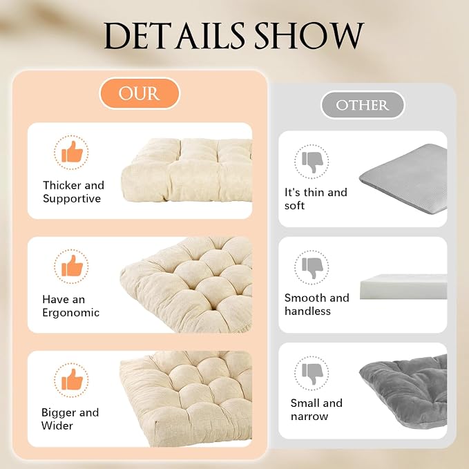 Meditation Floor Cushions, Thickened Floor Pillow for Adults, Large Square Pillows Seat Cushion for Tatami Living Room Yoga, Memory Sponge Block Added, 22x22 Inch, Beige