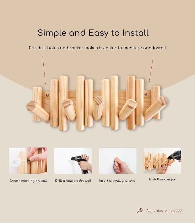 Modern Wooden Wall Mounted Coat Rack, 5-Hooks, Decorative Wall Hooks for Purse, Bags & Hats, Heavy Duty, Sturdy, Natural Pine Wood, Pull Down Hooks, Easy to Install