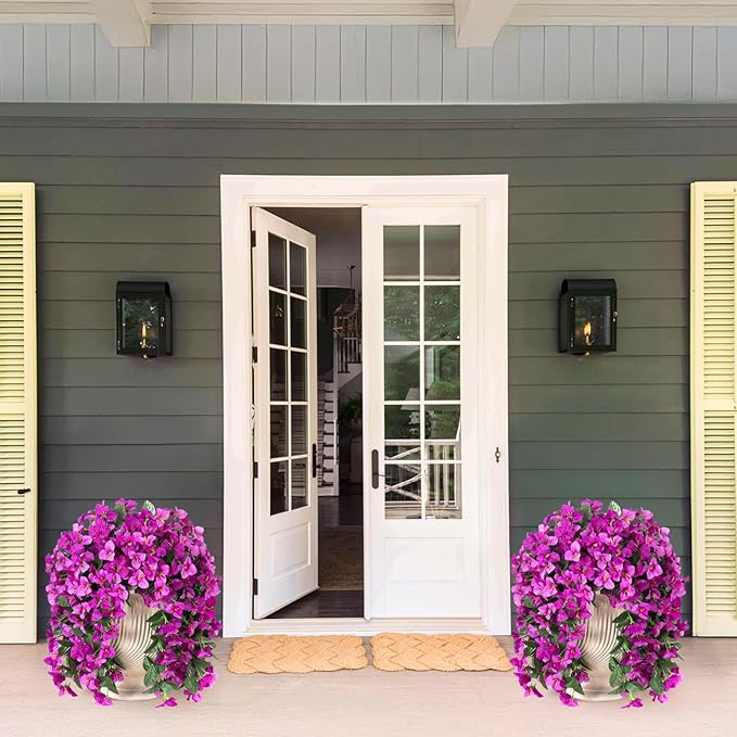 INXUGAO 2 pcs Artificial Faux Bougainvillea Flowers Plants for Outdoor Outside Summer Decoration, Fake Silk UV Resistant Long Trailing Vines for Front Door Porch Planter Balcony (Double Lotus)