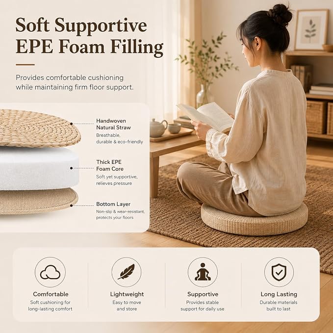 Round Tatami Floor Pillow, Handwoven Natural Straw Seat | Artisan Crafted, EPE Filling, Dia19.7", Comfortable Support, Boho, Lightweight, for Livng Room Meditation Reading Nook Patio