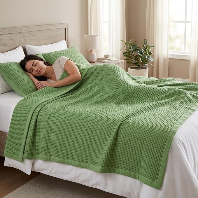 TreeWool Premium 100% Cotton Waffle Queen Blanket (90"x90", Sage Green) | Breathable Lightweight Moisture Wicking Soft Knit Thermal Blanket for Summer, Bed or Sofa All-season Comfort Machine Washable