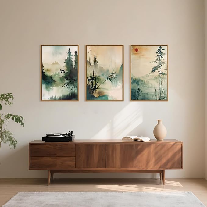 Chinoiserie Nature Framed Canvas Wall Art Set, Mountain and Forest Landscape Painting, Natural Bamboo Pine Tree Lakes Wall Decor for Living Room, Bedroom, Dining Room, Office-16 x24 x3