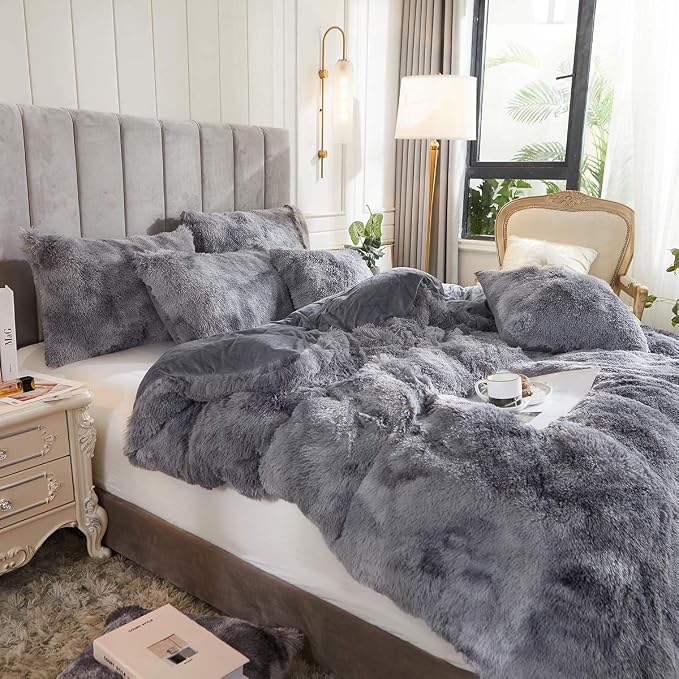 Tie Dye Printed Faux Fur Bedding Set Modern Abstract Shaggy Plush Duvet Cover with Pillow Shams, Ultra Soft Warm (Queen, Tie Dye Gray)