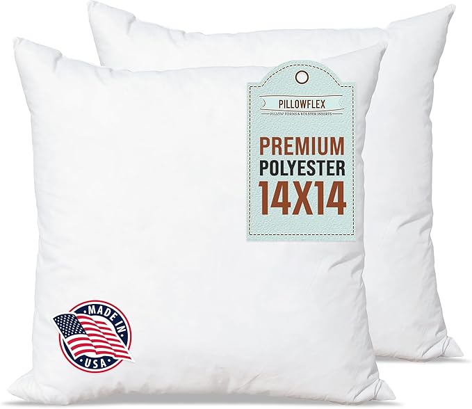 Pillowflex Premium Polyester Pillow Insert – 14x14 - Square Pillows Form, Machine Washable, Soft Sham Supports, Decorative Form for Covers and Throw Pillows, Hypoallergenic - Made in USA - 2 Pack
