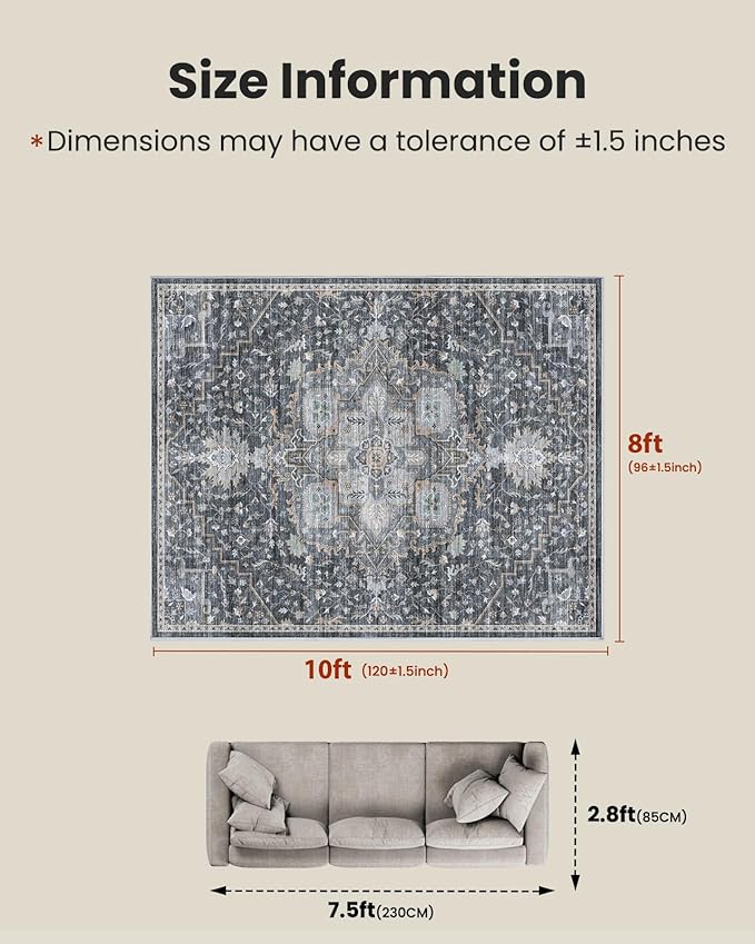 AMADA HOMEFURNISHING 8x10 Washable Area Rug, Low-Profile Large Area Rug with Non-Slip Backing & Durable Edge Binding, Vintage Large Rugs for Living Room, Bedroom, Dinning Room