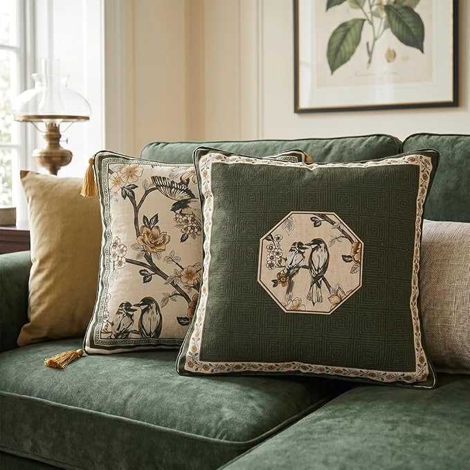 ISAENNE Vintage Linen Square Throw Pillow Cover,Set of 2,18"x18"-Murad E | Designer French Green Pillow Cover,Concealed Zipper Design,Floral and Bird Pattern,Sofa,Bedroom,Living Room,Lounge Chairs