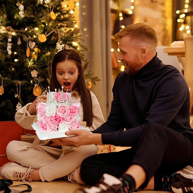 EIGHTOWN Forever Cake with Pink Preserved Flowers - Bouquet Preserved Roses for Women - Birthday Gift for Her with Crown (Pink)