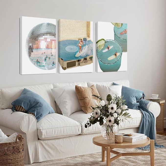 Blue Coastal Groove Wall Art Retro Disco Beach Canvas Poster Summer Surf Wall Decor Trendy Coastal Pictures Ocean Painting Preppy Aesthetic Prints Funky Artwork for Bedroom 16x24 Inch Ready to Hang