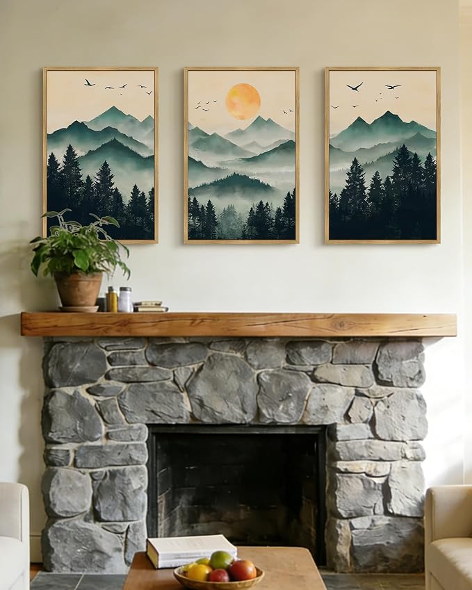 PHOPAGO Mountain Landscape Fog Pine Tree Framed Wall Art Large Large 16x24in Watercolor Nature Misty Forest Artwork Paints Sun Rise Farmhouse Rustic Decor for Bedroom Living Room - Natural Framed