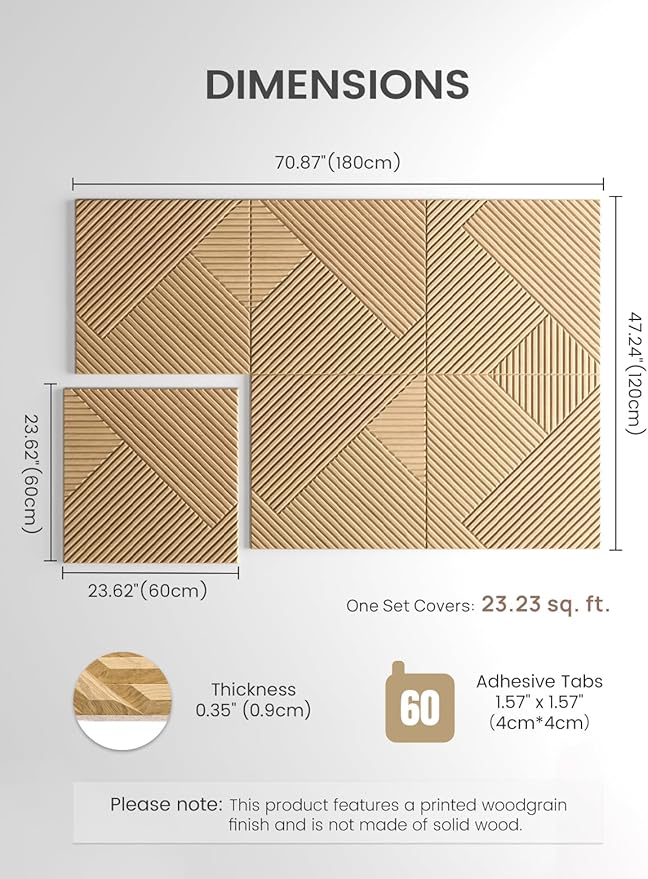 Fluxynara Large Felt Bulletin Board,Cork Board Alternative 70.87'' x 47.24'' Art Acoustical Wall Panels-6 Pack with 60 Adhesive Tabs,for Recording Studio/Home Offices-Natural Oak/Diamond Chevron