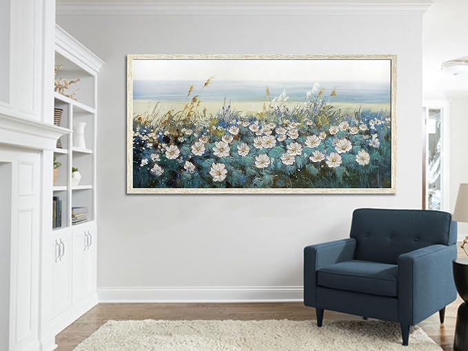Arjun Flower Wall Art Canvas Framed Daisy Floral Textured Painting for Living Room, Extra Large Bedroom Picture Artwork Dining Room Office Home Wall Decor, 58"x29"