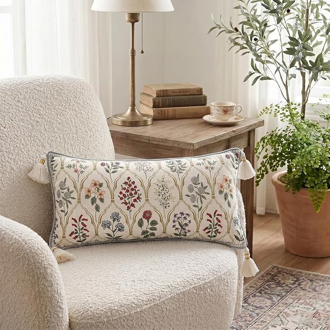 ISAENNE Designer Vintage Linen Throw Pillow Cover,28"x12"-Serenity B | French Elegant Rectangle Decor Pillow Cover,Concealed Zipper Design,Colorful Floral Pattern,Sofa,Bedroom,Living Room,Chair