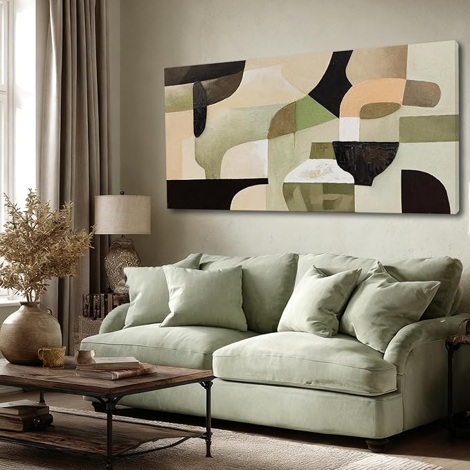 ZUNARE Modern Abstract Green and Beige Canvas Ceramic vessel form Wall Art Minimalist Color Block Artwork Contemporary Painting for Living Room Bedroom Office Wall Decor 24x48 Inch