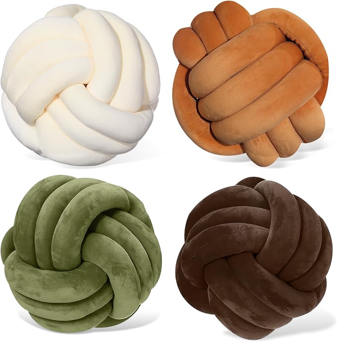 Yerliker 4 Pcs Knot Pillow Ball, 8.7 Inches Soft Home Decorative Round Throw Pillow Handmade Knotted Plush Accent Cushion Gifts for Nursery Decor Home Bed Sofa Bedroom Decoration(Earth Color)