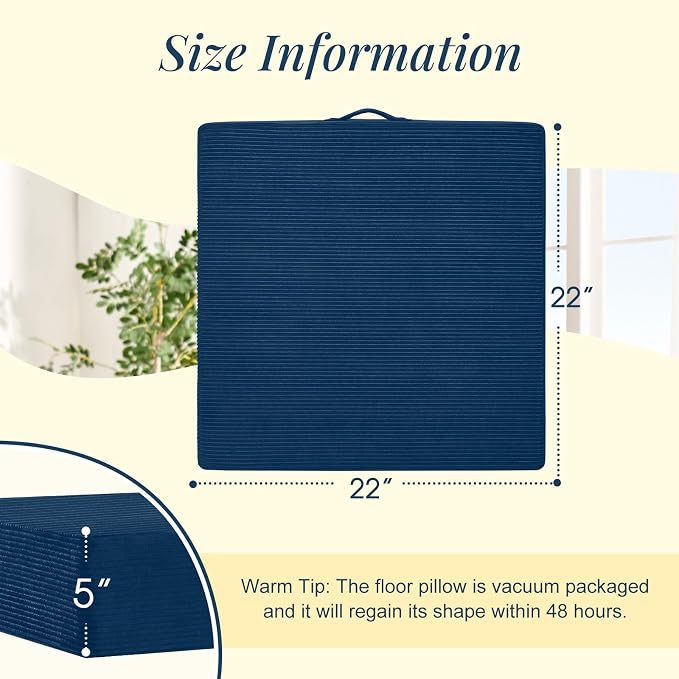 Wellsin Solid Square Floor Pillows for Adults Kids - Large Meditation Floor Pillow Seating Cushion with Thick Foam & Washable Velvet Cover, 1 Pack, 22x22x5 Inch, Dark Blue