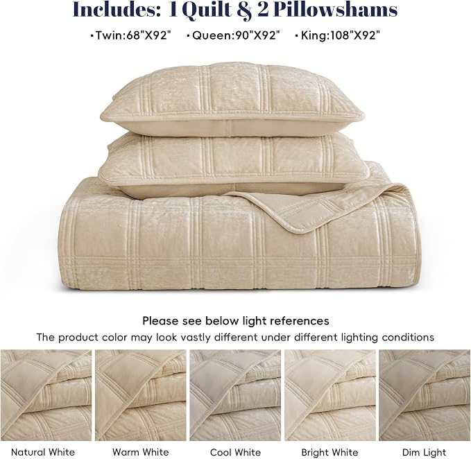 PHF Ultra Soft Velvet Quilt Set King Size – 3PCS Luxurious Cozy Quilted Comforter Alternative with Diamond Pattern, Warm Quilted Bedspread Coverlet, 108" x 92", Oxford Tan