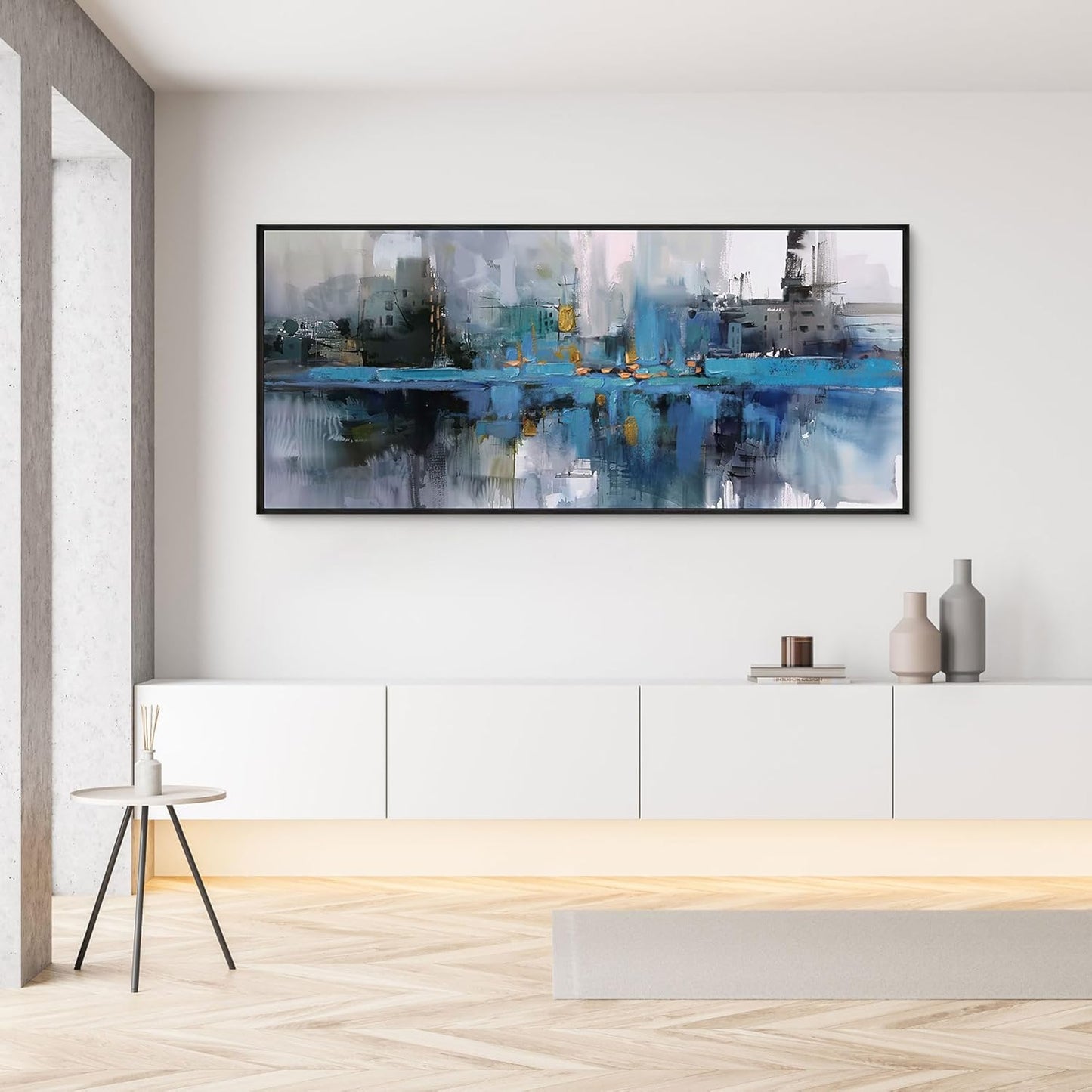 yiijeah Extra Large Canvas Frame Wall Art - Abstract Picture Large Decor for Living Room Blue and White Paintings Big Artwork for Wall Oversized Office Bedroom Home Decor