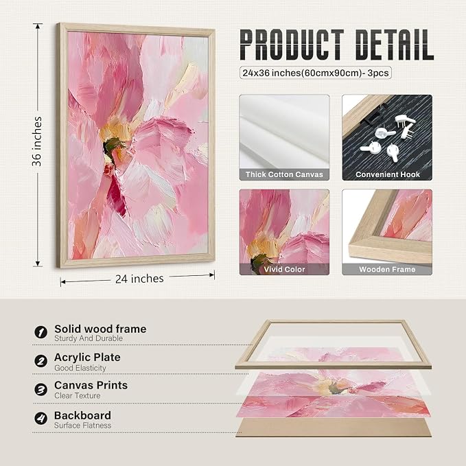 Abstract Floral Wall Art Pink Flower Canvas Pictures Modern Wall Decor Blush Pastel Pink Prints Peony Painting Minimalist Poster Botanical Artwork for Bedroom Living Room 24x36x3 Inch Wood Framed