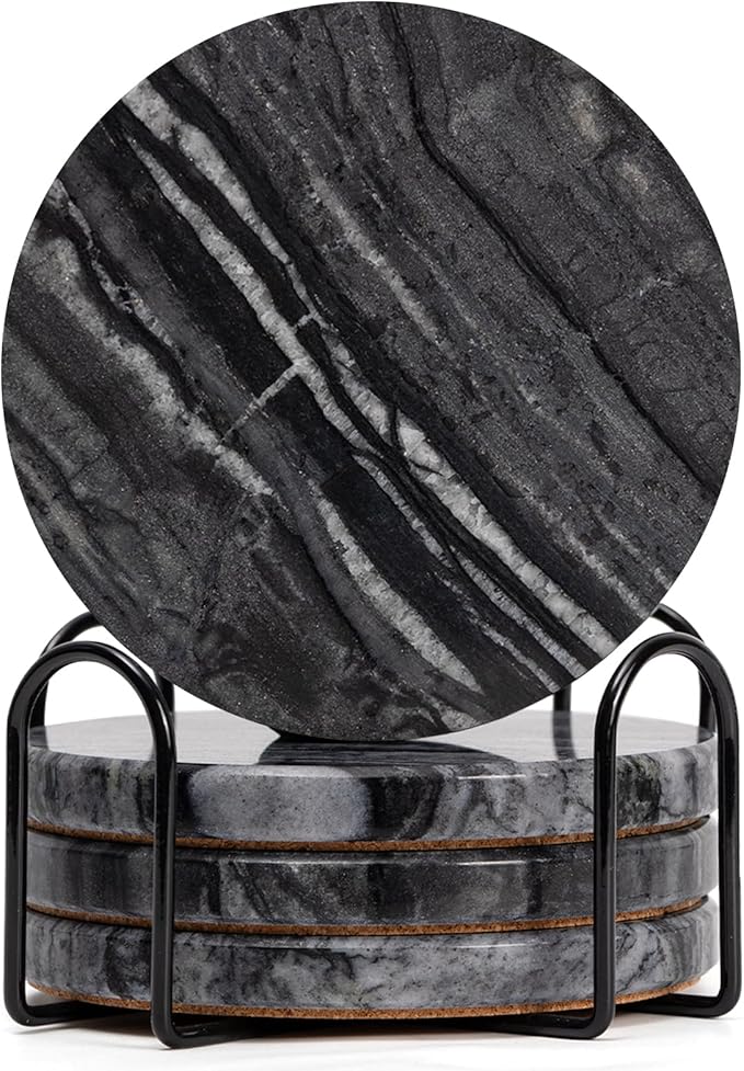 Black Marble Coasters Set of 4 with Holder, Black & Dark Gray Coasters for Coffee Table, 4" Round Polished Black Stone Coaster with Unique Veins – Heat Resistant, Non-Slip, Housewarming Gift