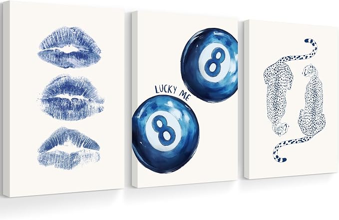 Leopard Wall Art Cheetah Canvas Prints Trendy 8 Ball Wall Decor Preppy Aesthetic Poster Lucky Leopard Pictures Funky Painting Navy Kiss Artwork for Bedroom Living Room 12x16x3 Inch Ready to Hang