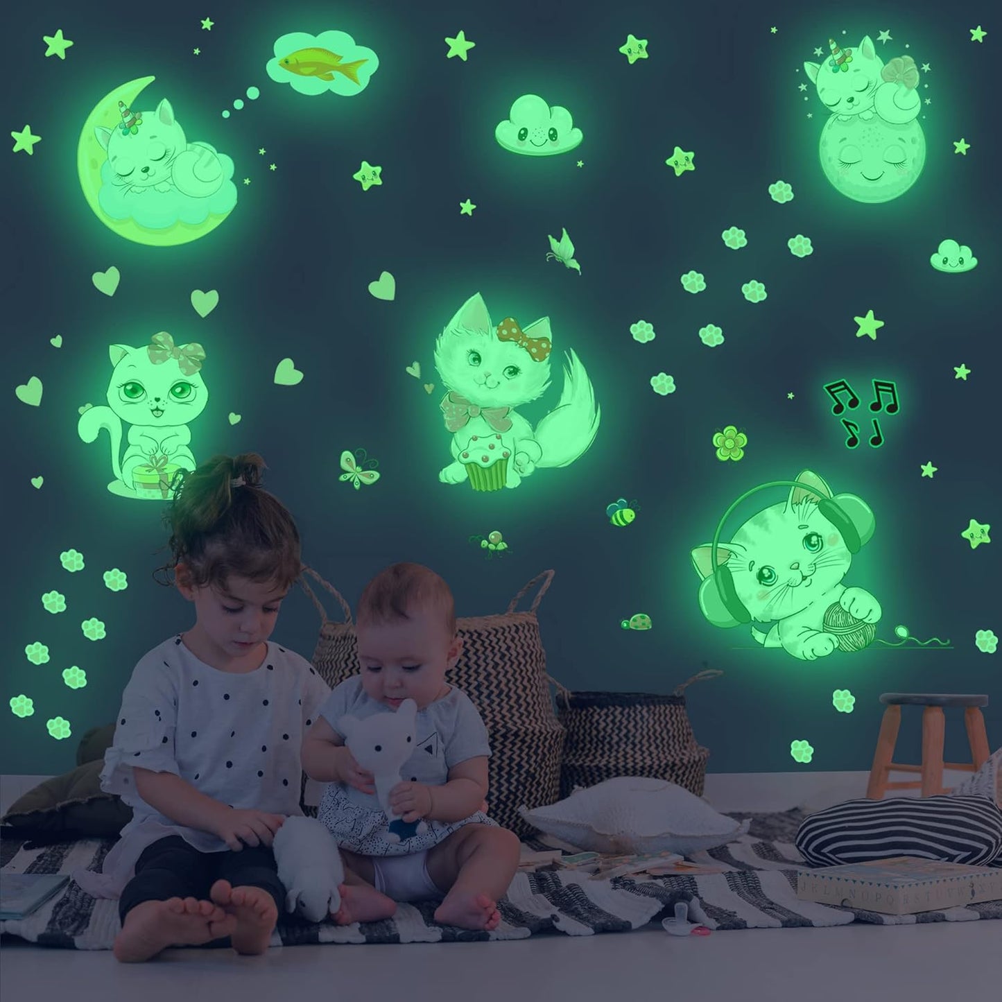 Glow in The Dark Stars for Room,Cats Glowing Wall/Ceiling Decals, Kitten Butterflies Stickers for Kids Bedroom, Clouds Bees Luminous Wall Decor for Boy and Girl Living Room