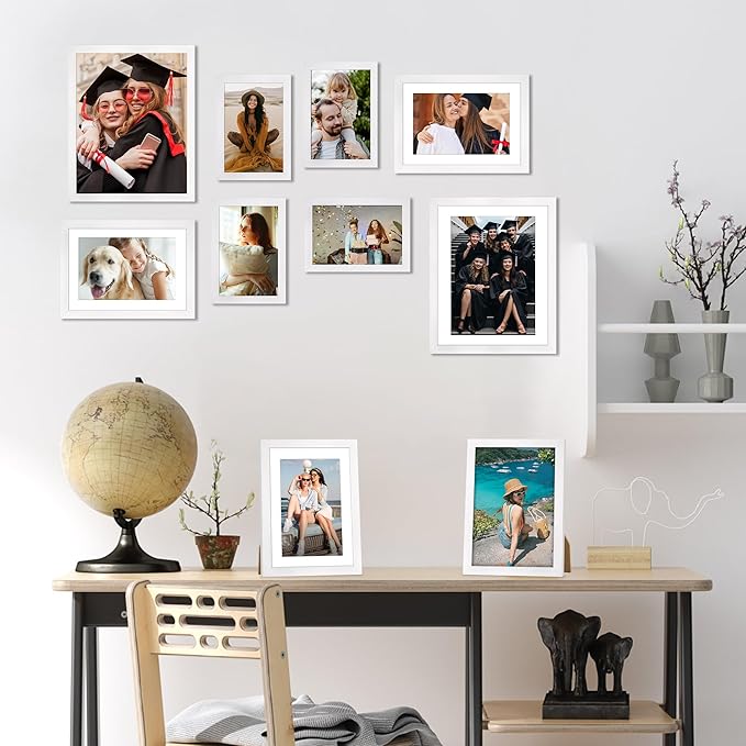 FIXSMITH 10 Pack Picture Frames Collage Wall Decor for Mounting or Tabletop Display, Gallery Wall Frame Set with Two 8x10 White Frames, Four 5x7 Frames and Four 4x6 Frames, Multi-Pack Photo Frame Set