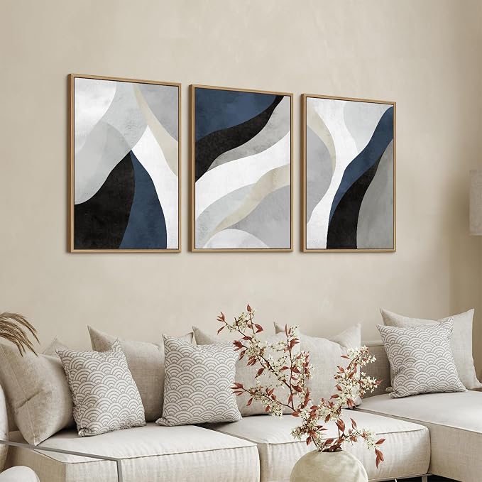 Large Abstract Framed Wall Art - Canvas Wall Art Pictures Prints for Living Room Decor Natural Float Framed Artwork for Bedroom Kitchen Home Office Decoration 48" X 24" Set of 3 Blue Grey