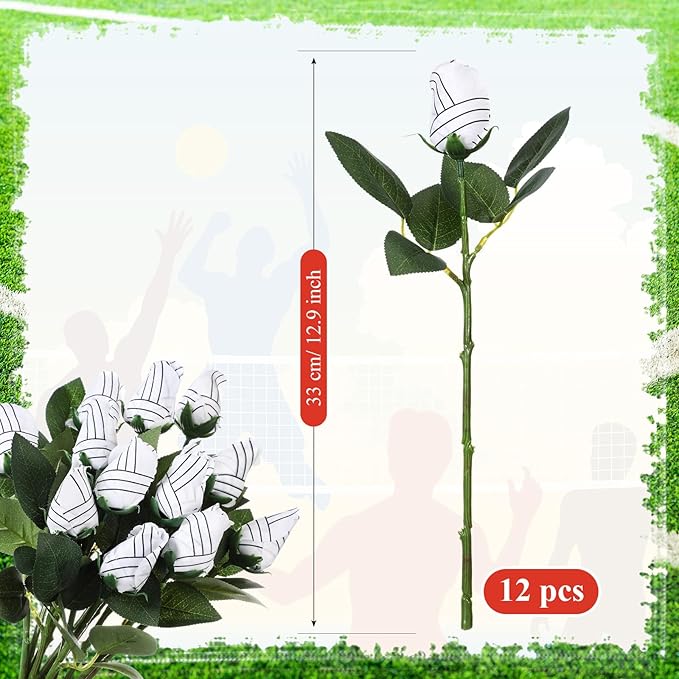 Suhine 12 Pcs Artificial Volleyball Rose Flowers Sports Party Favors Bulk for Birthday Graduation Wedding Party Decoration Table Centerpieces Mom Team Coach Senior Night Gift(Volleyball Color, Normal)