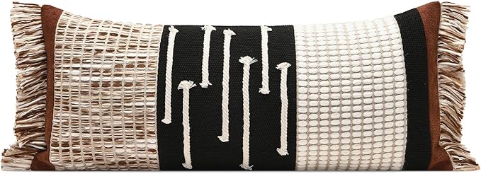 Boho Body Pillow Cover 12x28 Inches, Handwoven Cotton Linen Lumbar Pillow Cover with Tassels, Farmhouse Decorative Cushion Case for Bed Sofa (Black Brown)