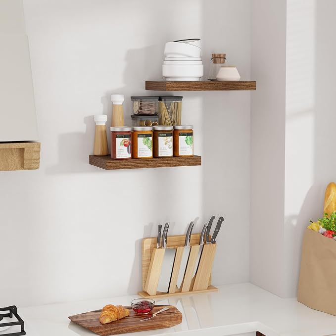 16 inch Floating Shelves for Wall, Walnut Wooden Floating Shelves, 9.3in Deep Rustic Wall Shelves for Bathroom Living Room Kitchen Bedroom Bookshelf Storage & Organizer, 16 x 9.3 x 1.5 in, 2 Packs