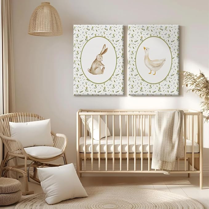 Vintage Nursery Wall Art Cute Goose Canvas Poster Bunny Wall Decor Baby Kids Poster Rabbit Duck Prints Cute Animal Pictures Pale Green Painting Artwork for Gallery Bedroom 16x24x2 Inch Ready to Hang