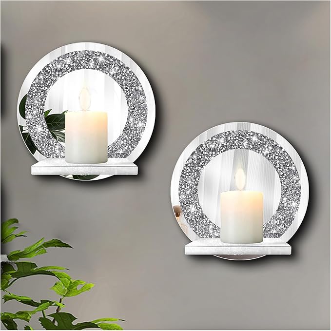 ZOLAPI Set of 2 Crystal Crush Diamond Candle Sconces, Gorgeous Silver Mirrored Wall Sconce, Candle Holder Glass Wall Decorations for Home Décor, Living Room, Dining Room.Round