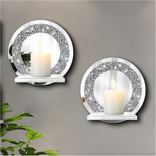 ZOLAPI Set of 2 Crystal Crush Diamond Candle Sconces, Gorgeous Silver Mirrored Wall Sconce, Candle Holder Glass Wall Decorations for Home Décor, Living Room, Dining Room.Round