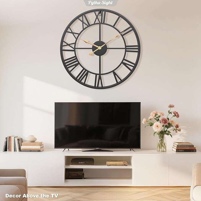 Pytha Sight 24 Inch Large Oversized Farmhouse Modern Decorative Wall Clock for Living Room,Silent Industrial Big Roman Numerals Vintage Metal Round Wall Clocks for Kitchen,Dinng Room,Office