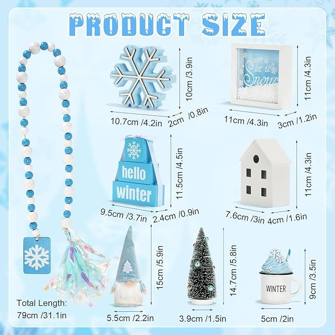 Winter Decoration for Home 8 PCS Tiered Tray Decor Set, Cute Christmas Blue Winter Decor for Shelf Mantel Office Indoor Table Centerpiece Snowflake Signs New Year Holiday Decorations Set