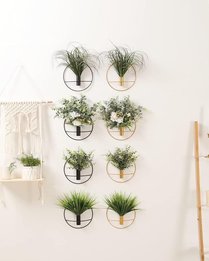 Pretty Jolly Wall Decor Metal Vase Decoration Holder, Mounted Artificial Flowers, Black Fake Wheat 2 Pack, Art Greenery, Farmhouse, Boho