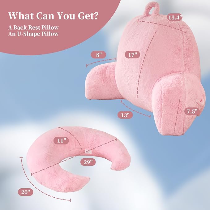 19" Reading Pillow for Bed,U Shaped Arm & Elbow Support,Pink Faux Fur | Backrest Supports Back,U Shaped Lap Pillow Cushions Arms,Elbows & Wrists,Plush Faux Fur for Reading,Gaming,Watching TV