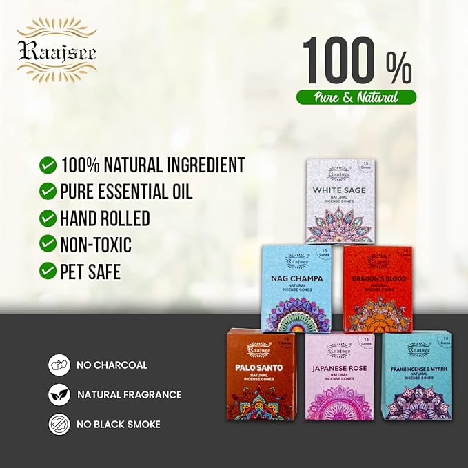 Raajsee Natural Incense Cones,6 Pack Mixed Scents Gift Pack 15 pc Each (90 Total), Insense Cones Variety Pack, 100% Organic Non Toxic Natural - Hand Rolled Free from Chemicals (Pack 2)