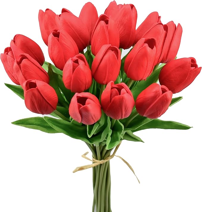 Mandy's Red Artificial Tulips Flowers Centerpiece, 13.5" Lifelike PU Fake Floral Stems 20pcs for Kitchen Island & Dining Table, Spring Decor for Easter