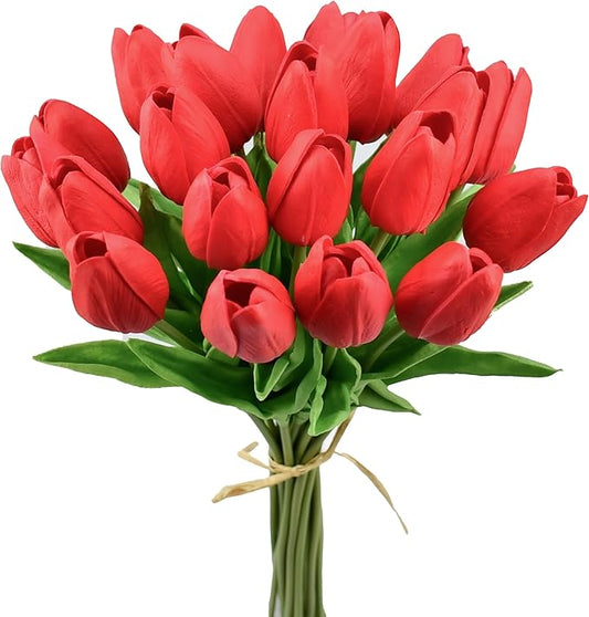 Mandy's Red Artificial Tulips Flowers Centerpiece, 13.5" Lifelike PU Fake Floral Stems 20pcs for Kitchen Island & Dining Table, Spring Decor for Easter