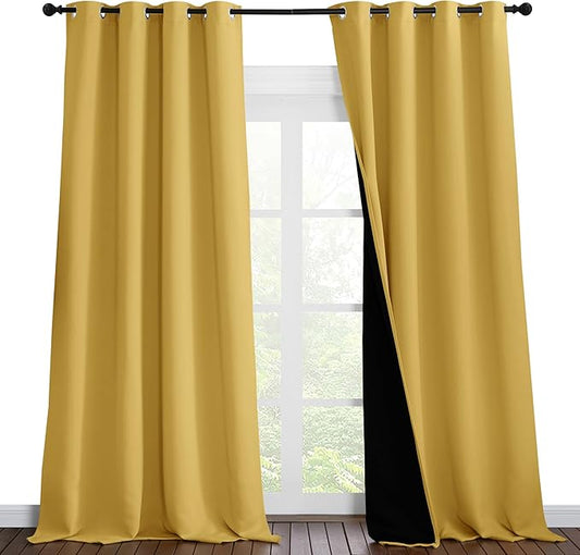 NICETOWN 100% Blackout Blinds, Set of 2, 52 inches x 102 inches, Laundry Room Decor Window Treatment Curtains for Large Patio Sliding Door, Thermal Insulated Bright Yellow Curtains for Bedroom