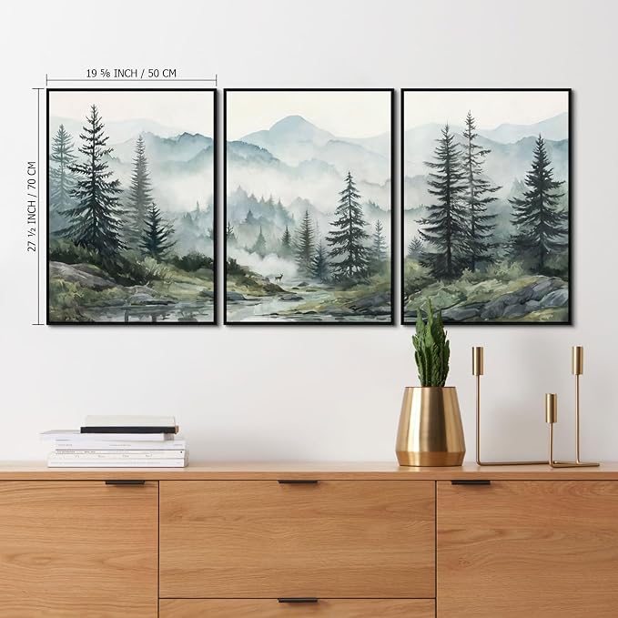 SAFERRYHOME Foggy Green Forest Wall Art, Misty Pine Tree Framed Canvas Wall Decor, Nature Landscape Painting Woodland Prints, Modern Mountain Artwork Picture for Living Room Bedroom Office, 20"x28"x3