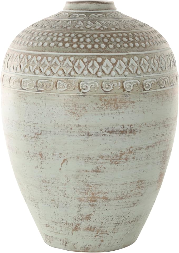 Deco 79 Ceramic Decorative Vase Antique Style Centerpiece Vase with Geometric Tribal Carvings, Flower Vase for Home Decoration 11" x 11" x 15", Green