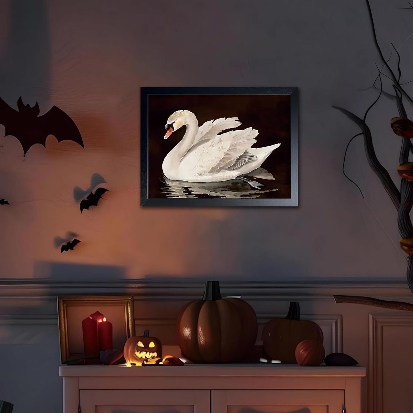 Black Wood Framed Wall Art Canvas Print Home Decor, Vintage Swan Aesthetic Wall Decor Photo, Classical Grace Swan Bathroom Prints Painting for Living Room Bedroom Office Decor 16x24 Inch