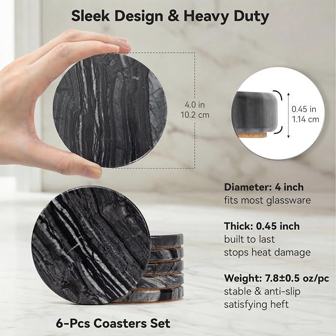 Black Marble Coasters Set of 6, Elegant Black & Dark Gray Coasters for Coffee Table, 4" Round Polished Black Stone Coaster with Unique Veins – Heat Resistant, Non-Slip, Housewarming Gift