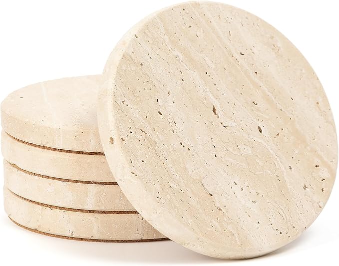 Travertine Coasters Set of 5, Modern Farmhouse Beige Marble Coasters for Coffee Table, 4 Inch Round Natural Stone Coaster with Cork Backing - Heat Resistant, Non-Slip, Non-Scratch, Gift Ready