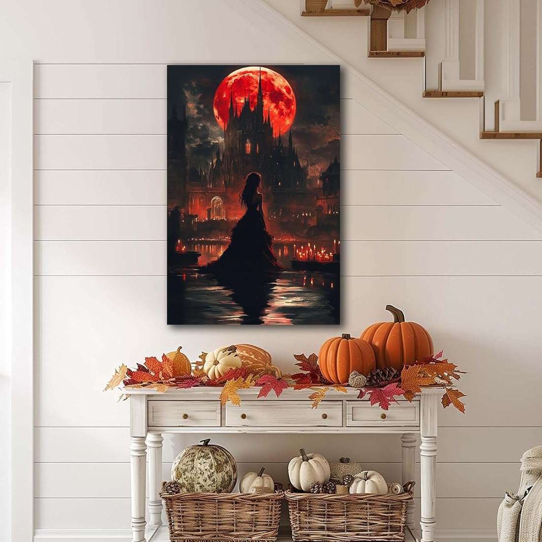 Halloween Witch Poster Canvas Prints Art Vintage Decor,Red Castle Blood Moon and Witch Scene Gothic Painting,Rustic Dark Academia Wall Art for Bathroom Spooky Living Room Wall Decor,12"x18" Framed